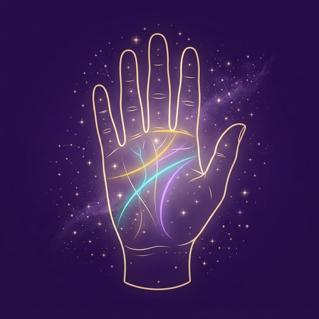 Illustration of an open palm with the major palm lines glowing across the hand.